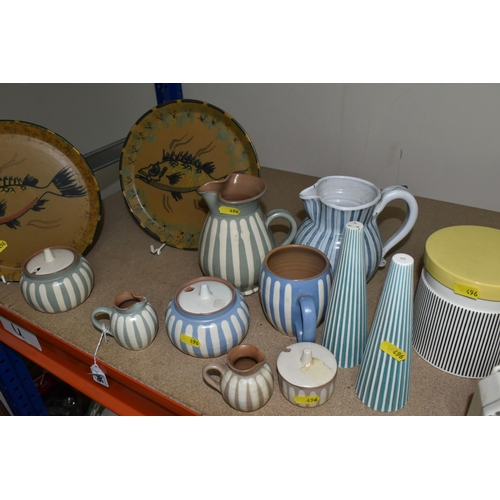 496 - A QUANTITY OF NAMED CERAMICS to include two Honiton plates with a fish design, a blue and white stri... 