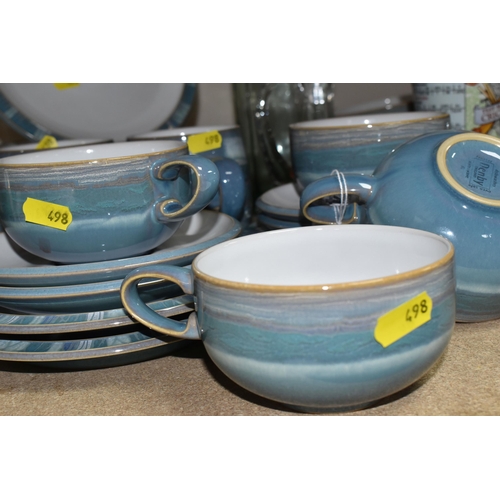 498 - A QUANTITY OF DENBY AZURE TABLEWARE to include four dinner plates, four tea plates, four mugs, four ... 