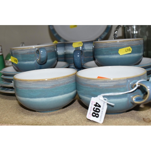 498 - A QUANTITY OF DENBY AZURE TABLEWARE to include four dinner plates, four tea plates, four mugs, four ... 