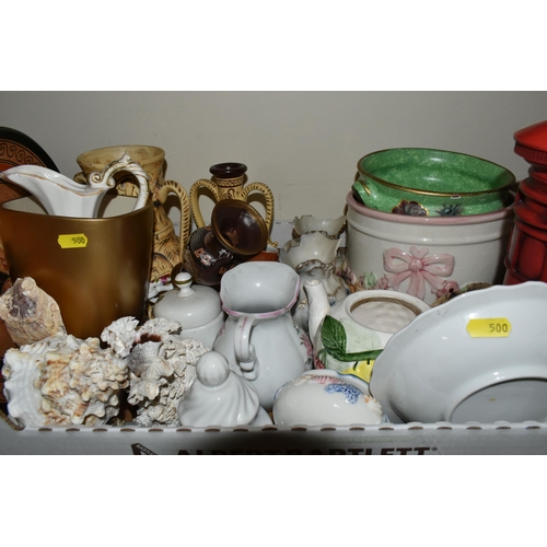 500 - FIVE BOXES AND ASSORTED LOOSE GLASSWARE, KITCHENWARE AND ORNAMENTS to include two boxes of clear gla... 