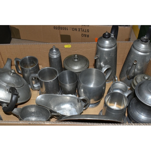 501 - THREE BOXES OF PEWTERWARE to include a large assortment of pewter vessels and kitchenware with a num... 