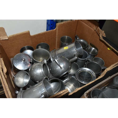 501 - THREE BOXES OF PEWTERWARE to include a large assortment of pewter vessels and kitchenware with a num... 