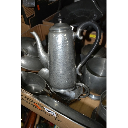 501 - THREE BOXES OF PEWTERWARE to include a large assortment of pewter vessels and kitchenware with a num... 