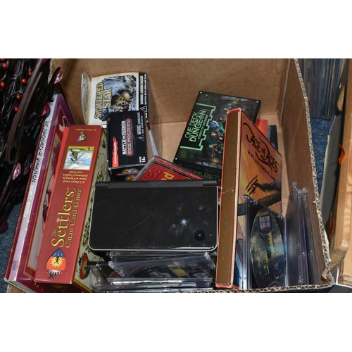 503 - ONE BOX OF GAMES AND VIDEO GAMES to include a Nintendo DS XL Console one deck dungeon boxed game, Du... 