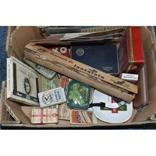 506 - A BOX OF TOBACCO RELATED ITEMS AND ADVERTISING EPHEMERA, to include advertising tins and packets fro... 