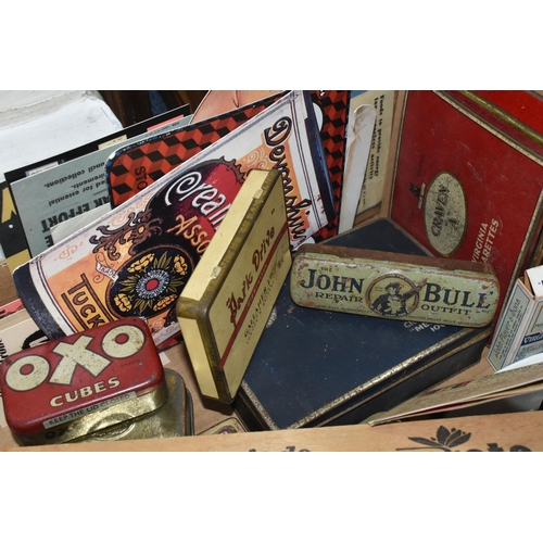 506 - A BOX OF TOBACCO RELATED ITEMS AND ADVERTISING EPHEMERA, to include advertising tins and packets fro... 