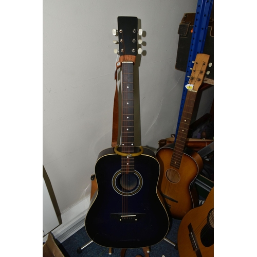 509 - THREE ACOUSTIC GUITARS, one unbranded full size acoustic guitar painted blue, and two three quarter ... 