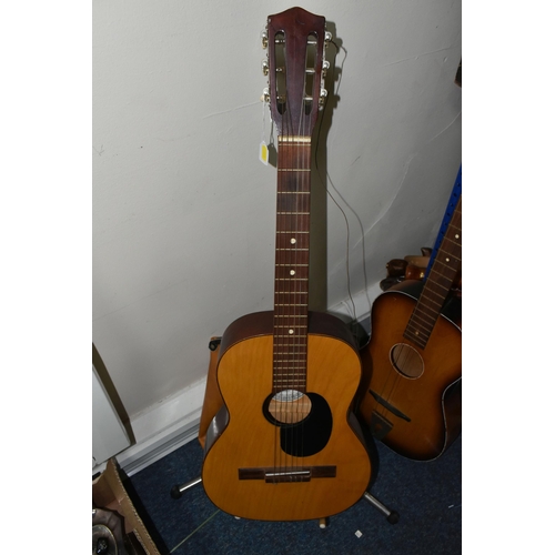 509 - THREE ACOUSTIC GUITARS, one unbranded full size acoustic guitar painted blue, and two three quarter ... 