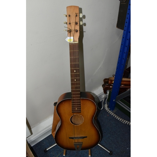 509 - THREE ACOUSTIC GUITARS, one unbranded full size acoustic guitar painted blue, and two three quarter ... 