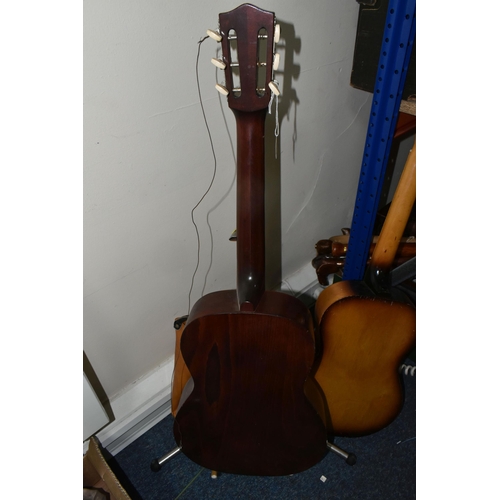 509 - THREE ACOUSTIC GUITARS, one unbranded full size acoustic guitar painted blue, and two three quarter ... 