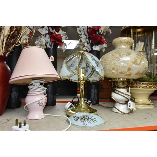 453 - A GROUP OF TABLE LAMPS AND VASES, comprising six table lamps of different styles, including a vintag... 