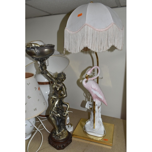 486 - A GROUP OF TABLE LAMPS AND FIGURE, comprising five table lamps of different styles, including an Ita... 