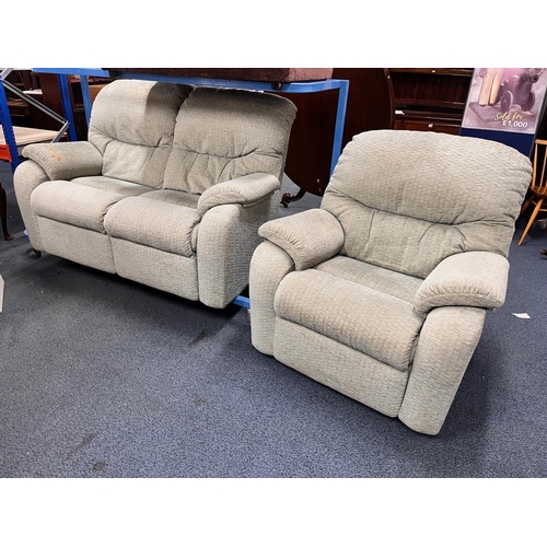 1366 - A GREEN FABRIC TWO PIECE LOUNGE SUITE, comprising a two seater settee, length 160cm, and an armchair... 