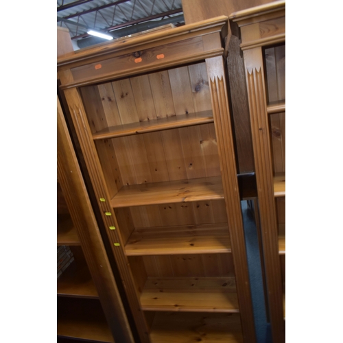 1349 - A PAIR OF PINE OPEN BOOKCASES, with an arrangement of shelving, width 66cm x depth 30cm x height 197... 