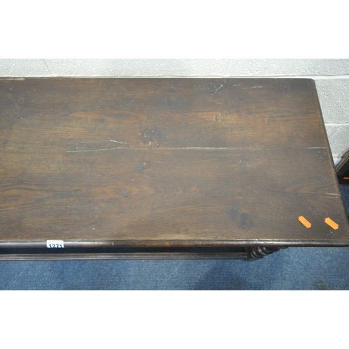 A 19TH CENTURY OAK SIDE TABLE, carved apron, raised on turned legs ...