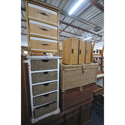 1376 - A WHITE PAINTED CABINET, with five wicker drawers, width 44cm x depth 34cm x height 98cm, two storag... 