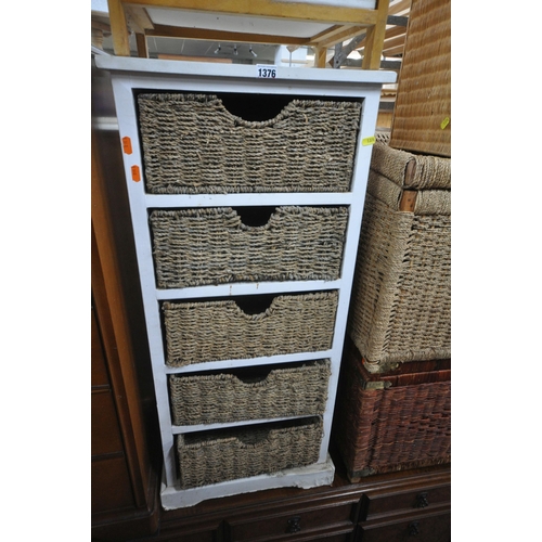 1376 - A WHITE PAINTED CABINET, with five wicker drawers, width 44cm x depth 34cm x height 98cm, two storag... 