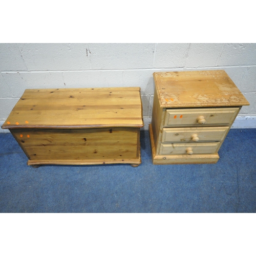 1378 - A MODERN PINE BLANKET CHEST, width 90cm x depth 42cm x height 49cm, along with a three drawer bedsid... 