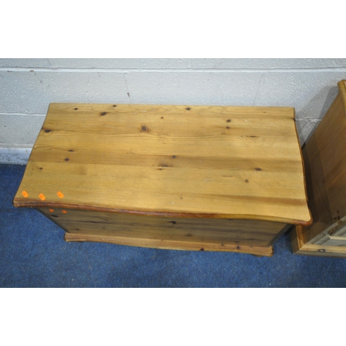 1378 - A MODERN PINE BLANKET CHEST, width 90cm x depth 42cm x height 49cm, along with a three drawer bedsid... 