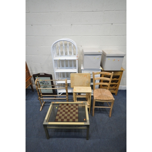 1379 - A WHITE PAINTED WICKER FOUR TIER SHELVING UNIT, width 57cm x depth 30cm x height 148cm, a white pain... 