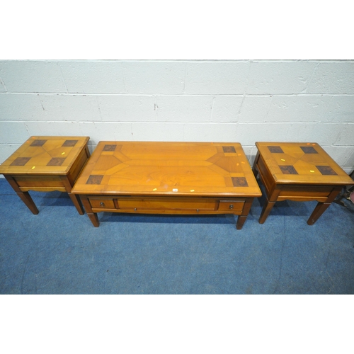 1381 - A MODERN CHERRYWOOD RECTANGULAR COFFEE TABLE, with geometric design to top surface, fitted with four... 