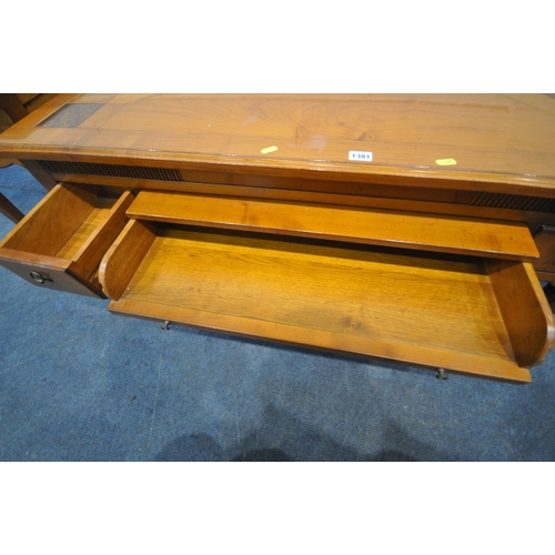 1381 - A MODERN CHERRYWOOD RECTANGULAR COFFEE TABLE, with geometric design to top surface, fitted with four... 