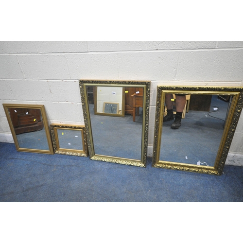 1389 - FOUR RECTANGULAR GILT FRAME WALL MIRRORS, three with similar frames, largest 87cm x 62cm (condition ... 