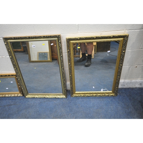 1389 - FOUR RECTANGULAR GILT FRAME WALL MIRRORS, three with similar frames, largest 87cm x 62cm (condition ... 