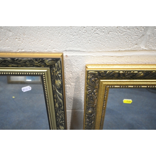 1389 - FOUR RECTANGULAR GILT FRAME WALL MIRRORS, three with similar frames, largest 87cm x 62cm (condition ... 