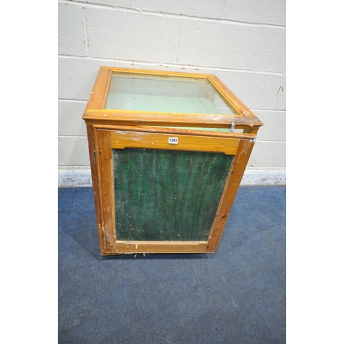 1391 - A BESPOKE PINE CABINET, with a glass display top and a single door, 62cm squared x height 91cm (cond... 