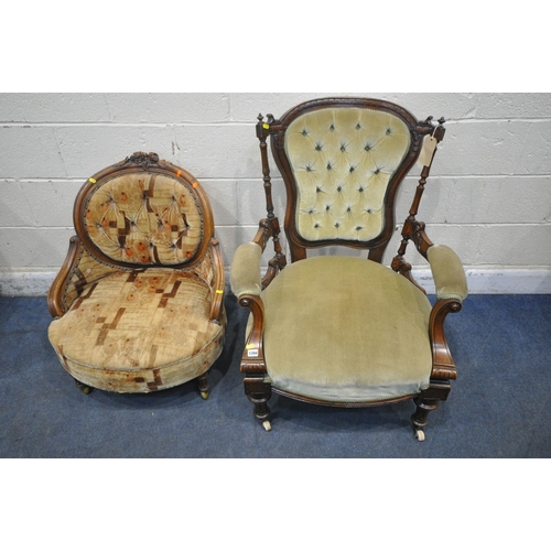 1394 - A LATE VICTORIAN WALNUT OPEN ARMCHAIR, with a buttoned back, width 75cm, along with an Edwardian wal... 