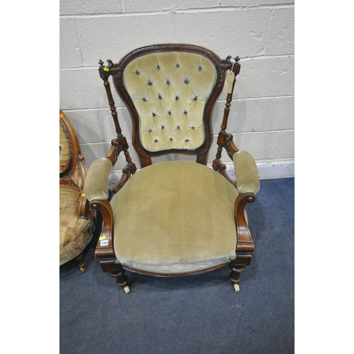 1394 - A LATE VICTORIAN WALNUT OPEN ARMCHAIR, with a buttoned back, width 75cm, along with an Edwardian wal... 