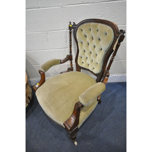 1394 - A LATE VICTORIAN WALNUT OPEN ARMCHAIR, with a buttoned back, width 75cm, along with an Edwardian wal... 