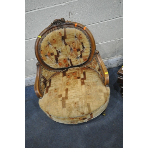 1394 - A LATE VICTORIAN WALNUT OPEN ARMCHAIR, with a buttoned back, width 75cm, along with an Edwardian wal... 