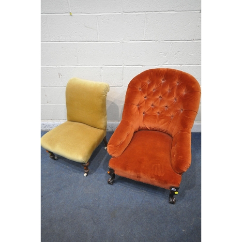 1396 - A VICTORIAN WALNUT BUTTONBACK CHAIR, and a late Victorian scroll back bedroom chair (condition repor... 