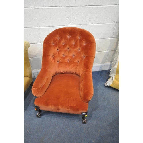 1396 - A VICTORIAN WALNUT BUTTONBACK CHAIR, and a late Victorian scroll back bedroom chair (condition repor... 