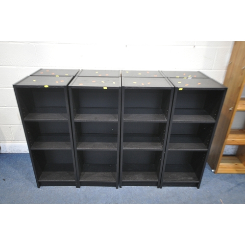 1345 - EIGHT BLACK IKEA OPEN BOOKCASES, each with two adjustable shelves, width 40cm x depth 28cm x height ... 