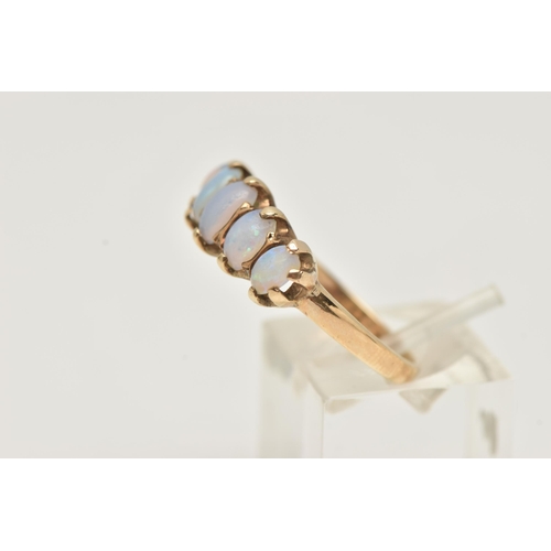 1 - A 9CT GOLD OPAL RING, designed with a row of five oval cut opal cabochons, each in a two claw settin... 