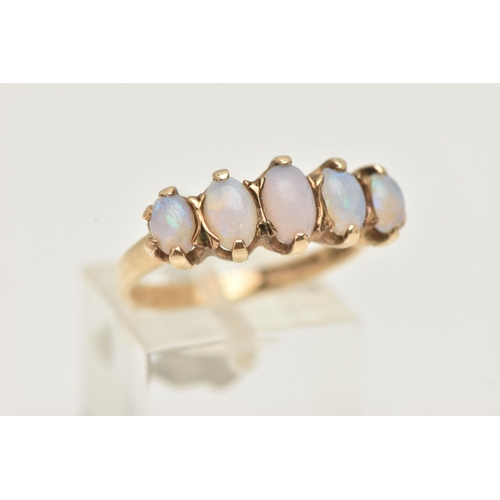 1 - A 9CT GOLD OPAL RING, designed with a row of five oval cut opal cabochons, each in a two claw settin... 