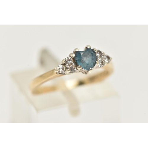 11 - A 9CT GOLD BLUE SPINEL AND DIAMOND RING, set with a central heart cut blue spinel in a three claw se... 