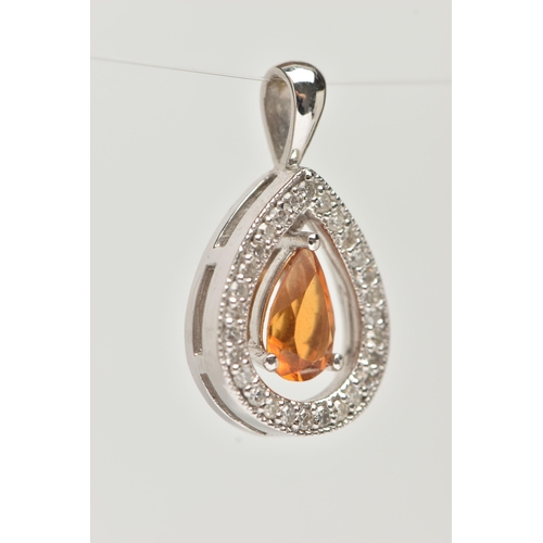 14 - A WHITE METAL CITRINE AND DIAMOND DROP PENDANT, of a pear shape, suspending a central pear cut citri... 