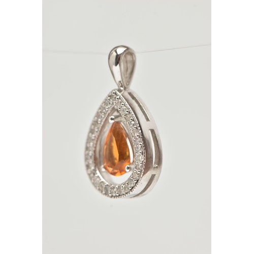 14 - A WHITE METAL CITRINE AND DIAMOND DROP PENDANT, of a pear shape, suspending a central pear cut citri... 