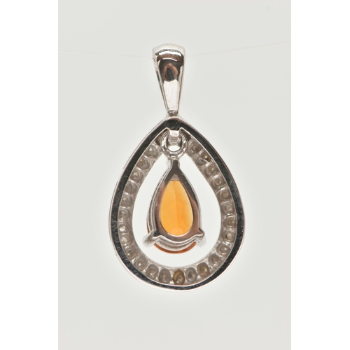 14 - A WHITE METAL CITRINE AND DIAMOND DROP PENDANT, of a pear shape, suspending a central pear cut citri... 