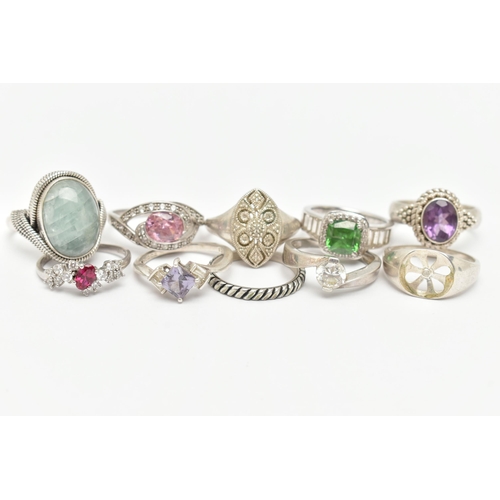 16 - TEN SILVER AND WHITE METAL RINGS, to include a silver and amethyst dress ring, hallmarked Birmingham... 