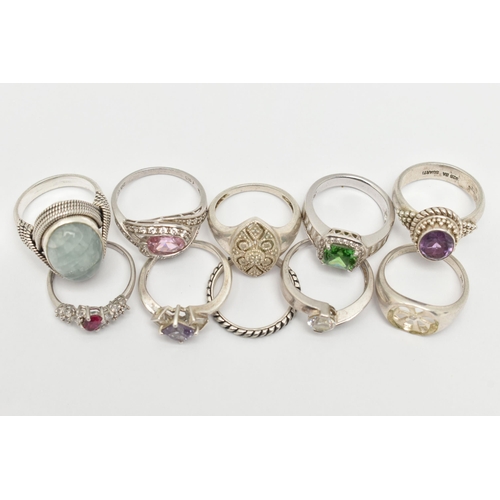 16 - TEN SILVER AND WHITE METAL RINGS, to include a silver and amethyst dress ring, hallmarked Birmingham... 