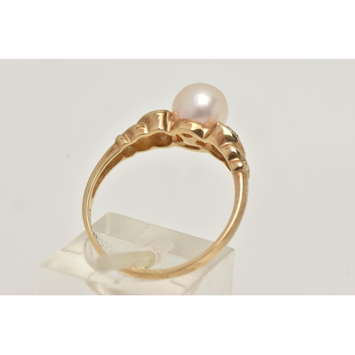 17 - A 9CT GOLD CULTURED PEARL AND DIAMOND RING, set with a single cultured white pearl, measuring approx... 