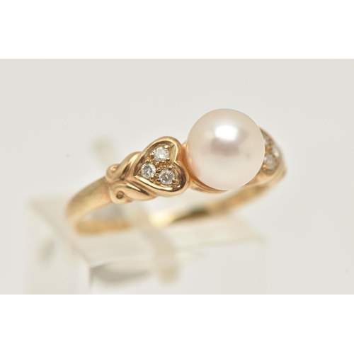 17 - A 9CT GOLD CULTURED PEARL AND DIAMOND RING, set with a single cultured white pearl, measuring approx... 