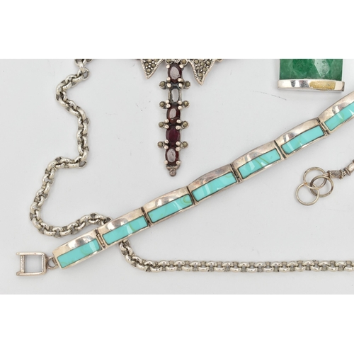 24 - A SMALL BAG OF JEWELLERY, to include a silver and turquoise articulated bracelet, fitted with a fold... 