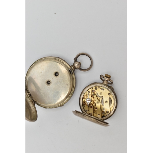 33 - TWO OPEN FACE POCKET WATCHES, the first a ladies manual wind, white metal open face watch, inside ca... 