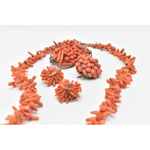 37 - FOUR PIECES OF CORAL JEWELLERY, to include a beaded necklace, fitted with a base metal spring clasp,... 